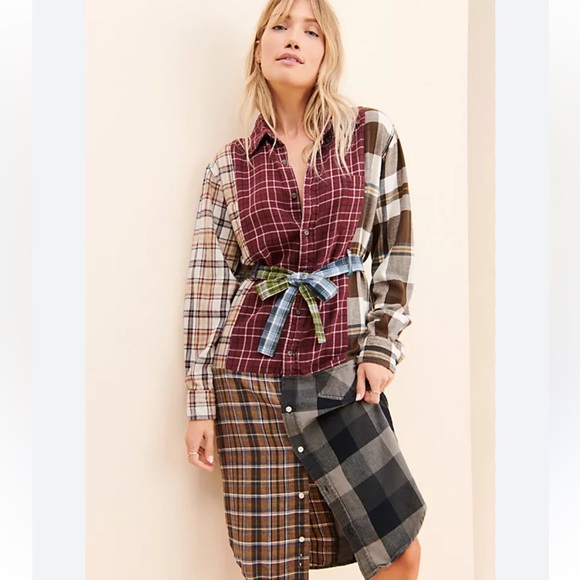 Free People Dresses & Skirts - Free People Patchwork Plaid Midi Dress in Burgundy, Brown, Olive, Navy